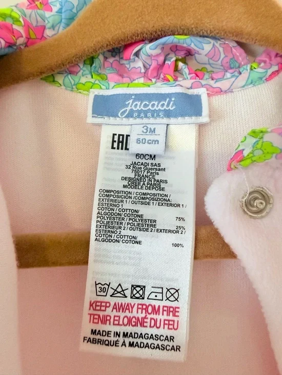 Jacadi Paris Baby Girl 3mo Pale Pink Velour Footed Onsie Floral Ruffle Collar - Picture 5 of 11